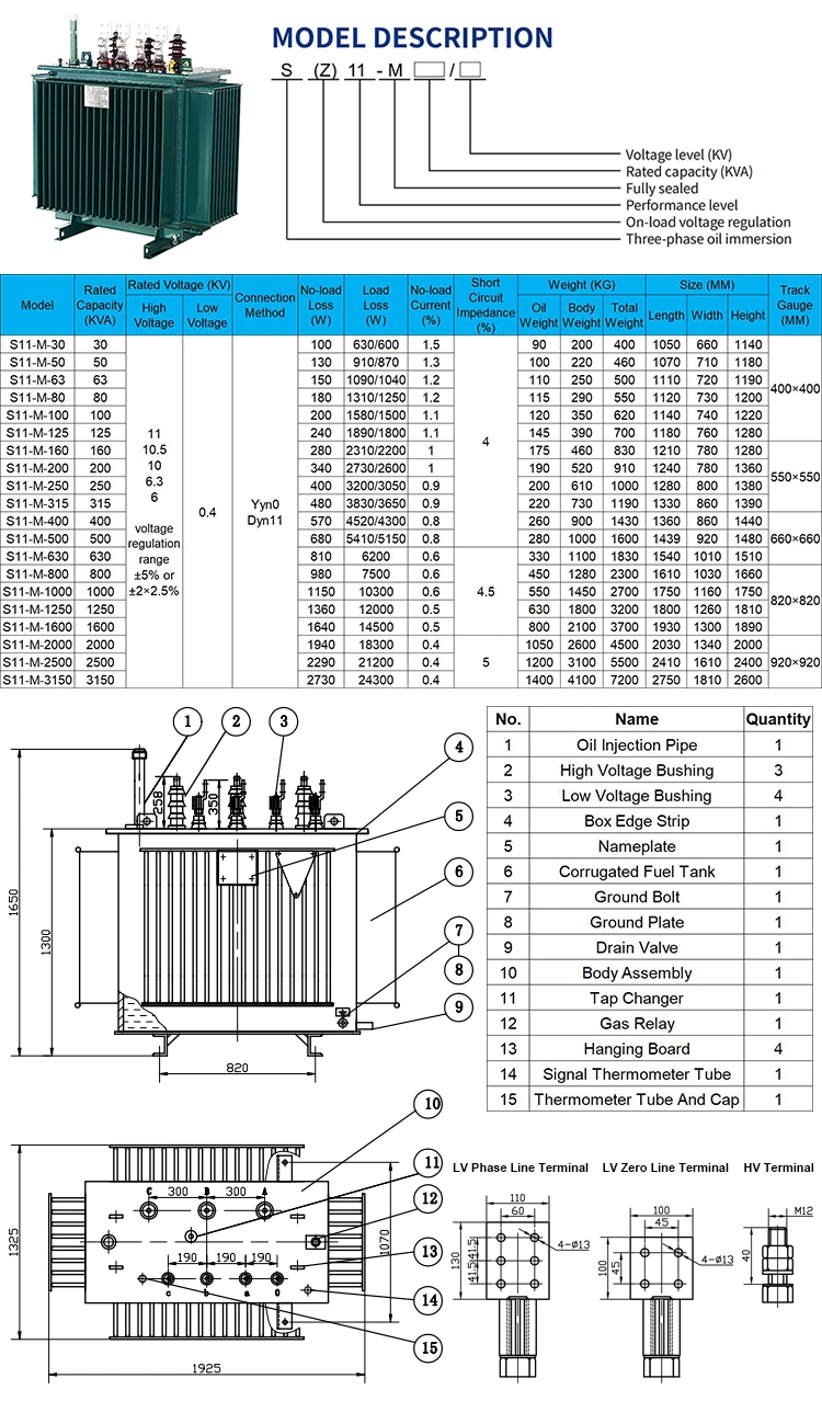 China Manufacturer OEM 630 800 1000 1250 1500 1600 1800 2000 2500 3000 KVA 10 11 35 KV 380 400 480 V Voltage 3 Phase Electric Power Distribution Oil Transformer